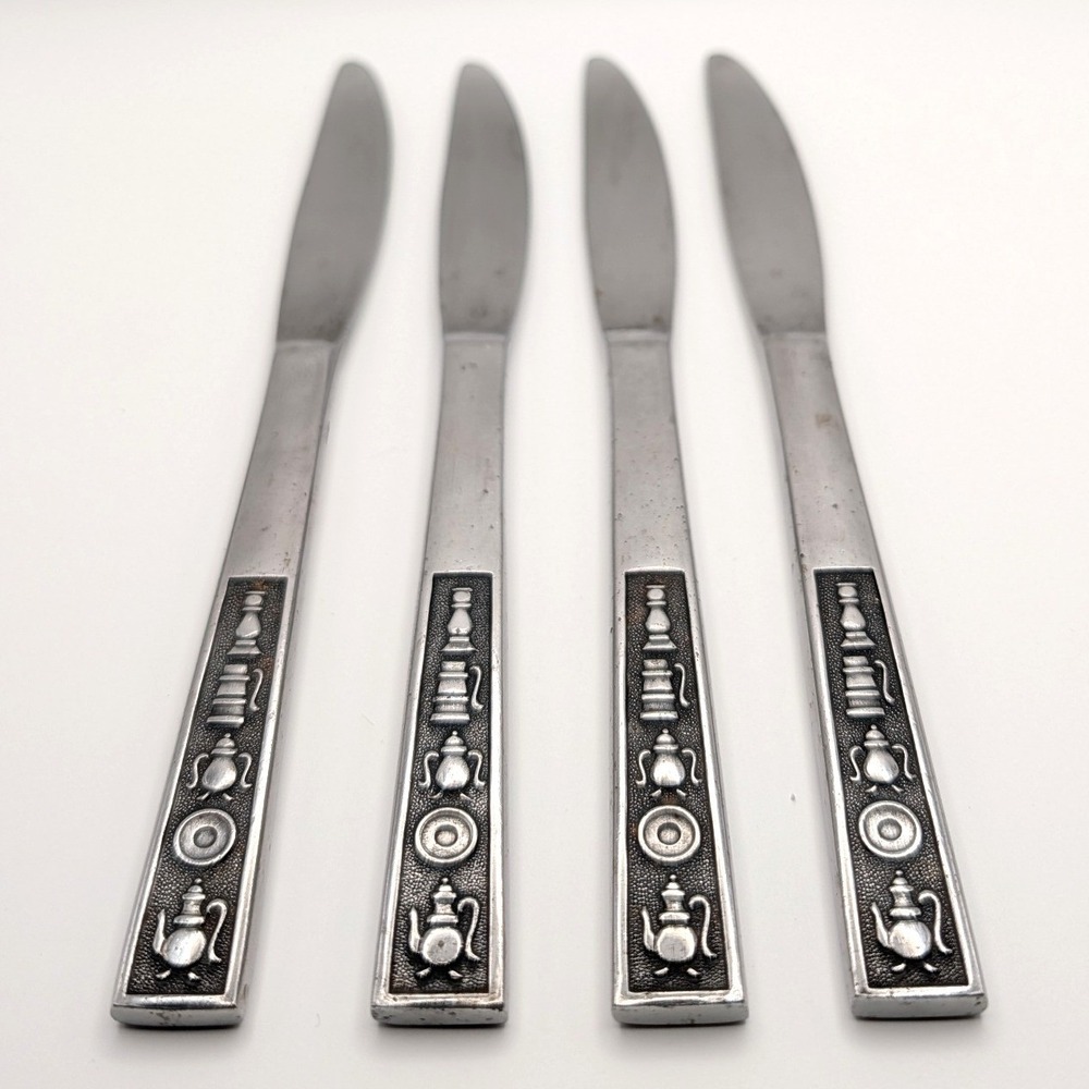 Vintage Japan Stainless Century House Teapot Design Dinner Knives Set of 4 8.25"